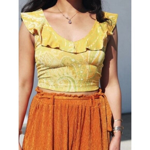 Zara Tops - Zara Women's Sleeveless Paisley Ruffle Neck Top Yellow/Green Size M